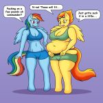  1:1 anthro anthrofied belly big_belly big_breasts bottomwear bra breasts cleavage clothed clothing dialogue duo equid equine eyewear feathered_wings feathers female friendship_is_magic goggles goggles_on_head hair hi_res lordstormcaller mammal midriff muffin_top multicolored_hair my_little_pony navel obese orange_eyes orange_hair overweight pegasus purple_background purple_eyes rainbow_dash_(mlp) rainbow_hair shorts simple_background spitfire_(mlp) sports_bra tight_clothing underwear wings wonderbolts_(mlp) 