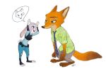  2020 anthro barefoot bottomwear canid canine clothed clothing disney duo eye_contact fox fully_clothed fur grey_body grey_fur hi_res judy_hopps lagomorph leporid looking_at_another mammal monmokamoko necktie nick_wilde open_mouth open_smile orange_body orange_fur pants police_uniform rabbit red_fox shirt simple_background smile standing toeless_legwear topwear uniform white_background zootopia 