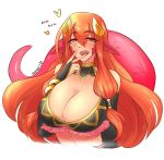  1girl ara_ara blush breasts bridal_gauntlets choker cleavage elbow_gloves eyebrows_visible_through_hair fang gloves hair_between_eyes hair_ornament hair_tubes hairclip heart hhhori highres lamia large_breasts long_hair looking_at_viewer mature miia&#039;s_mother monster_girl monster_musume_no_iru_nichijou open_mouth pointy_ears red_hair scales sidelocks solo upper_body 