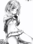 1girl blush breasts closed_mouth embarrassed fingerless_gloves gloves greyscale headphones highres lifted_by_self looking_at_viewer mini_necktie monochrome nanashi_(nlo74593630) nipples no_panties pussy shirt_lift short_hair simple_background sitting skirt small_breasts solo virtual_youtuber white_background yuni_(yuni_channel) yuni_channel 