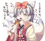  1girl ainu_clothes animal_ears blush bow closed_eyes commentary_request dango eating fang flower food furry grey_hair hair_bow hair_flower hair_ornament hand_on_own_cheek open_mouth original red_bow retaru_(shirokoma) shirokoma_(wagahai_hakushaku) solo tail tail_wagging translation_request upperbody wagashi white_fur wide_sleeves 