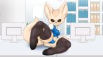  2018 absurd_res aggressive_retsuko anthro binder brachyzoid breasts butt camel_toe canid canine clothed clothing female fennec fenneko fox fur hi_res inside mammal monitor office sanrio solo tan_body tan_fur thong underwear 