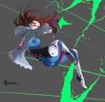  1girl 2017 absurdres action animal_print arteslav ass bodysuit breasts brown_hair bunny_print d.va_(overwatch) dated firing full_body gun handgun headphones highres hood hood_down jacket jumping long_hair medium_breasts muzzle_flash open_clothes open_jacket overwatch pilot_suit pistol ribbed_bodysuit skin_tight solo weapon whisker_markings wireless 