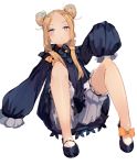  1girl abigail_williams_(fate/grand_order) bangs black_bow black_dress blonde_hair blue_eyes blush bow breasts dress fate/grand_order fate_(series) forehead hair_bow highres long_hair looking_at_viewer multiple_bows orange_bow parted_bangs ribbed_dress sleeves_past_fingers sleeves_past_wrists small_breasts solo tota_(sizukurubiks) 