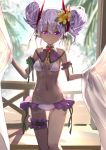  1girl adachi_yousuke bikini curtain_grab curtains dark_skin double_bun flower hair_flower hair_ornament highres midriff navel pointy_ears purple_eyes purple_hair puzzle_&amp;_dragons smile swimsuit veroa_(p&amp;d) wavy_hair 