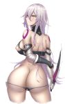  1girl age_progression bandaged_arm bandages bare_shoulders black_gloves black_panties blush breasts cropped_legs dagger embarrassed fate/apocrypha fate_(series) gloves highres jack_the_ripper_(fate/apocrypha) large_breasts long_hair looking_at_viewer looking_back nipples older panties pussy scar scar_across_eye shiroshisu shoulders solo torn_clothes torn_panties underwear weapon white_hair yellow_eyes 