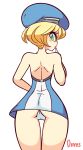  alternate_hair_length alternate_hairstyle ass backless_outfit bare_shoulders blazblue blonde_hair blue_headwear diives finger_to_mouth from_behind gloves green_eyes highres looking_at_viewer noel_vermillion panties short_hair shoulder_blades signature thigh_gap underwear white_gloves 