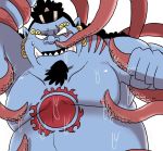  2020 anthro belly blue_body fish-men_(one_piece) humanoid_hands jinbe kemono male marine moobs nipples one_piece overweight overweight_male scar shirokumaou simple_background solo_focus tentacles white_background 