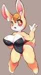  1girl animal_ear_fluff animal_ears blush breasts bunny bunny_day bunny_ears bunny_tail bunnysuit commentary_request digitigrade furry highres large_breasts open_mouth orange_hair original popuni10 red_eyes simple_background solo standing tail two-tone_fur white_fur yellow_fur 