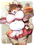  1girl ahoge animal_ears breasts brown_hair clipboard commentary_request cowboy_shot fangs fat food furry hamburger highres holding holding_tray huge_breasts long_hair looking_at_viewer meat meat_day navel open_mouth orange_eyes original popuni10 red_skirt simple_background skirt snout solo tail tiger tiger_ears tiger_girl tiger_tail translation_request tray two-tone_fur white_fur yellow_fur 