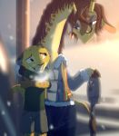  2020 absurd_res anthro bottomwear breath clothed clothing coat cold desmond_(zootopia_fan_character) disney duo fan_character felid fully_clothed fur giraffe giraffid green_eyes grin hi_res jaguar light lighting looking_at_another mammal molly_(zootopia_fan_character) outside pantherine parking_meter pointedfox shirt shorts smile spots spotted_body spotted_fur t-shirt teeth topwear yellow_body yellow_fur zootopia 