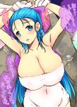  1boy 1girl blue_eyes blue_hair breasts cleavage covered_nipples dragon_quest dragon_quest_v flora huge_breasts katori_(mocchidou) looking_at_viewer towel 