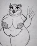  anthro areola avian beak belly big_areola big_belly big_breasts bird blush breasts butt curvy_figure eye_moisturizer feathers female genitals hi_res huge_breasts looking_at_viewer monochrome navel nipples non-mammal_breasts nude overweight overweight_female owl phelia pussy simple_background smile solo thick_thighs video_games voluptuous wide_hips 