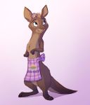  2019 absurd_res apron apron_only clothing facial_markings featureless_crotch flower green_eyes head_markings head_tuft hi_res kangaroo light lighting macropod mammal markings marsupial mostly_nude plant pointedfox purple_background simple_background smile standing tuft 