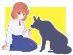  1girl blue_eyes blush breasts brown_hair castle_of_cagliostro clarisse_de_cagliostro closed_mouth dog dress highres honoboooono lupin_iii short_hair smile 