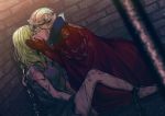  2girls bars blonde_hair bound brick_wall bruise byleth_(fire_emblem) byleth_(fire_emblem)_(female) cape chain chained closed_eyes cuffs cuts dirty edelgard_von_hresvelg empty_eyes fire_emblem fire_emblem:_three_houses gloves hands_on_another&#039;s_face injury kiss long_hair medium_hair michimaru_(michi) multiple_girls prison_cell prison_clothes prisoner red_cape wall yuri 