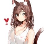  1girl :&lt; animal_ear_fluff animal_ears bangs bare_shoulders blush breasts brown_eyes brown_hair cat_ears cat_girl cat_tail cleavage closed_mouth collarbone commentary eyebrows_visible_through_hair hair_between_eyes heart highres long_hair looking_at_viewer medium_breasts original silver_(chenwen) simple_background solo tail tail_raised tank_top upper_body white_background white_tank_top 