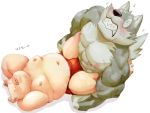  2020 4:3 anthro barazoku belly blush bulge canid canine clothing domestic_pig duo japanese_text kemono male mammal meg_hoi moobs muscular navel nipples overweight overweight_male simple_background suid suina sus_(pig) text underwear white_background 