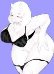  2020 anthro big_breasts blush bovid breasts caprine clothing curvy_figure eyes_closed female fingers fur hi_res horn kemono mammal mature_female purple_background simple_background sirn_0121 slightly_chubby solo thick_thighs toriel undertale underwear undressing video_games voluptuous white_body white_fur 