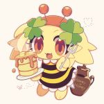  1:1 2020 amber_eyes anthro bayachao_(pixiv) bee_costume butter canid canine canis cheek_tuft clothing clover cute_fangs cutlery dairy_products domestic_dog dress ear_tuft facial_tuft fake_antennae female food fork four_leaf_clover fur holding_object honey kitchen_utensils looking_at_viewer mammal pancake simple_background solo steam tools tuft yellow_body yellow_fur 