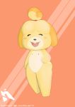  absurd_res animal_crossing anthro blush canid canine canis domestic_dog female full-length_portrait fur genitals happy hi_res highguard isabelle_(animal_crossing) mammal nintendo portrait pussy shih_tzu simple_background solo toy_dog video_games yellow_body yellow_fur 