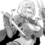  1girl between_fingers breastplate breasts butcha-u cleavage clementine_(overlord) cloak dagger dual_wielding evil_smile hair_over_one_eye highres holding knife large_breasts laughing midriff overlord_(maruyama) short_hair smile solo throwing_knife vambraces weapon 