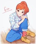  1girl blue_eyes closed_mouth fio_piccolo honoboooono kurenai_no_buta plaid ponytail red_hair shirt short_hair smile solo 