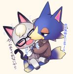  animal_crossing anthro blonde_hair blue_body blue_fur blush canid canine canis domestic_cat duo eyewear felid feline felis fur glasses grey_body grey_fur hair japanese_text male male/male mammal nintendo nobinolife on_lap raymond_(animal_crossing) text video_games wolf wolfgang_(animal_crossing) 