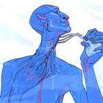  1:1 6_fingers blue_body blue_skin digital_media_(artwork) fingers gills haifisch_ehrlich hi_res holding_object humanoid humanoid_pointy_ears lips looking_down male nude simple_background solo vein water 