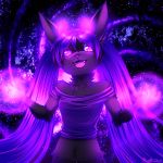  1:1 2020 5_fingers anthro biped black_body black_ears black_fur breasts clothing conditional_dnp crop_top digital_media_(artwork) fangs female fingers fur galaxy glowing glowing_hands glowing_horn hair half-length_portrait hi_res horn lagomorph leporid long_hair magic mammal open_mouth open_smile pigtails portrait purple_hair rabbit ratte shirt signature small_breasts smile solo topwear 