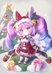  1girl blue_hair blush box breasts chibi christmas christmas_tree cleo_(dragalia_lost) cocoasabure commentary_request dragalia_lost eyebrows_visible_through_hair gift gift_box gradient_hair grey_background highres hood large_breasts looking_at_viewer multicolored_hair navel ornament pink_eyes purple_hair santa_costume simple_background smile snowflakes solo twintails white_legwear 
