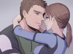  1boy 1girl blue_eyes breasts brown_hair chris_redfield closed_mouth hetero jill_valentine long_hair resident_evil resident_evil_5 simple_background smile teeth 