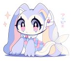  2020 bayachao_(pixiv) domestic_rabbit female feral fish fish_tail fur gem hybrid japanese_text lagomorph leporid long_ears mammal marine multicolored_body multicolored_fur oryctolagus pastel pink_eyes purple_body purple_fur rabbit scales simple_background solo text translation_request two_tone_body two_tone_fur white_background 