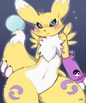  1girl animal_ears black_sclera blue_eyes blush commentary_request detached_sleeves digimon furry holding_tail looking_at_viewer moriguru77 navel outline renamon simple_background slit_pupils solo sweat tail two-tone_fur white_fur yellow_fur yin_yang_print 