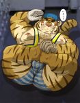  2020 anthro belly blush bulge butt clothing cute_fangs felid gloves handwear hat headgear headwear hi_res humanoid_hands japanese_text kemono male mammal moobs nipples overweight overweight_male pantherine pink_nose raichoclub solo text tiger underwear 