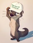  2019 absurd_res anthro brown_body brown_fur clothing english_text featureless_crotch fur hat headgear headwear hi_res high-angle_view light lighting looking_at_viewer lutrine mammal mostly_nude mustelid pointedfox simple_background smile solo text whiskers 