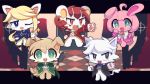  16:9 2020 ahoge anthro bangs bayachao_(pixiv) black_clothing black_eyes blonde_hair blue_clothing blue_eyes blush bottomless bow_tie brown_body brown_fur canid canine canis chibi clothed clothing cookware cute_fangs detailed_background domestic_cat domestic_dog domestic_rabbit felid feline felis female fluffy fluffy_tail footwear frying_pan fur green_clothing green_eyes group hair holding_object kitchen_utensils lagomorph leporid male mammal markings one_eye_closed open_mouth oryctolagus pawpads pink_body pink_clothing pink_fur rabbit red_clothing red_eyes red_markings shoes staff standing tools topwear white_body white_fur widescreen wink 