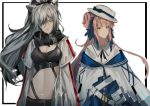  2girls animal_ears arknights bangs black_scarf blue_dress bow breasts cat_ears ceylon_(arknights) chinese_commentary chouchouhei cleavage commentary_request dress grey_jacket hair_bun hair_over_one_eye hat hat_bow highres jacket long_hair long_sleeves looking_at_viewer medium_breasts midriff multiple_girls navel open_clothes open_jacket outside_border pink_hair scarf schwarz_(arknights) shirt silver_hair simple_background stomach upper_body very_long_hair white_background white_headwear white_shirt yellow_eyes 