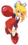  1girl arm_cannon blonde_hair blue_eyes boots dress empty_eyes hair_ribbon long_hair looking_at_viewer open_mouth ponytail red_dress red_skirt ribbon rockman rockman_(classic) roll simple_background skirt solo weapon white_background 