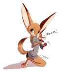  2018 absurd_res anthro brown_body brown_eyes brown_fur canid canine cider_(ciderbunart) clothed clothing female fennec fox fur hi_res kneeling mammal plushie pointedfox shirt simple_background smile solo topwear underwear white_background 