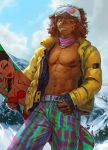  5_fingers anthro belt blue_eyes breasts clothed clothing detailed_background digital_media_(artwork) eyewear female fingers fur goggles hair holding_object human jacket levelviolet looking_down male mammal mostly_clothed mountain nipples outside smile snow snowboard solo standing teeth topwear 