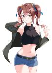  1girl arm_up armpits arrichee bare_shoulders beatrix_(granblue_fantasy) belt black_jacket black_shirt blue_shorts breasts brown_eyes brown_hair cowboy_shot crop_top denim denim_shorts granblue_fantasy hair_ornament hand_up highres jacket long_hair looking_at_viewer medium_breasts midriff navel off_shoulder open_clothes open_jacket parted_lips ribbed_shirt shirt short_shorts shorts sidelocks simple_background sleeveless sleeveless_shirt solo standing stomach thighs twintails white_background 