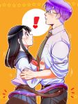  1boy 1girl black_eyes black_hair blue_eyes blush breasts closed_mouth commentary_request dragon_ball dragon_ball_gt glasses intertwined_tails long_hair ochanoko_(get9-sac) older pan_(dragon_ball) purple_hair school_uniform trunks_(dragon_ball) 