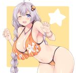  1girl ;d ahoge amane_hasuhito bare_shoulders bikini blue_eyes blush braid breasts hair_ornament kizuna_akari large_breasts leaning_forward long_hair looking_at_viewer navel one_eye_closed open_mouth orange_bikini silver_hair smile solo star striped striped_bikini swimsuit twin_braids two-tone_background voiceroid white_background yellow_background 