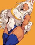  1girl absurdres animal_ears bare_shoulders blush boku_no_hero_academia breasts bunny_ears bunny_tail cervina covered_navel curvy dark_skin gloves highleg highleg_leotard highres large_breasts leotard long_hair looking_at_viewer orange_background simple_background solo tail thick_thighs thighhighs thighs usagiyama_rumi white_gloves white_leotard 
