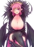  1girl :3 absurdres black_coat black_wings blonde_hair breasts coat demon_girl fangs fangs_out fur_coat head_wings highres huge_breasts juugoya_(zyugoya) kyuuketsu_sakura-chan multicolored_hair one_eye_closed pink_hair red_eyes sakura_(kyuuketsu_sakura-chan) sidelocks thighhighs wings 