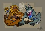  2010 4_fingers animal_crossing anthro black_paws blue_bottomwear blue_clothing blue_topwear bongo_drum bottomwear brown_body brown_fur brown_pawpads bud_(animal_crossing) canid canine canis clothed clothing crossed_legs dobie_(animal_crossing) dreadlocks drugs drum duo eyewear fangs felid fingers fur grey_body grey_fur guitar jewelry lei lion male mammal marijuana marisama musical_instrument navel necklace nintendo open_mouth pantherine pawpads percussion_instrument plucked_string_instrument sitting smoking string_instrument sunglasses tongue tongue_out topless topwear video_games wolf 