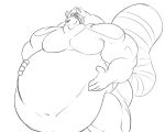  5:4 5_fingers ailurid anthro belly big_belly big_muscles fingers hand_on_stomach huge_muscles hyper hyper_muscles male mammal monochrome musclegut muscular nude red_panda sachiel_666 smile solo 