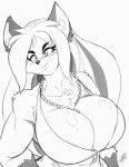  anthro athletic bikini breasts canid canine chalo cleavage clothed clothing female fox gem hair jewelry long_hair looking_aside mammal monochrome necklace pearl_(gem) pearl_necklace smile solo swimwear 