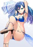  1girl bikini blue_eyes blue_hair breasts feet highres igara1108 long_hair looking_at_viewer maria_traydor simple_background solo star_ocean star_ocean_anamnesis star_ocean_till_the_end_of_time swimsuit 